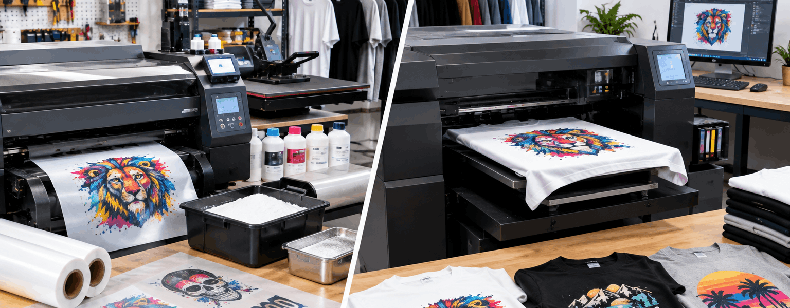 DTF vs DTG for T-shirts printing methods shown side by side