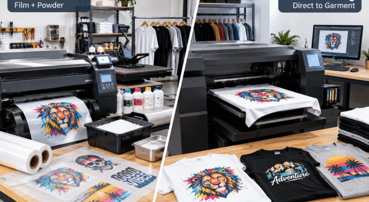 DTF vs DTG for T-shirts printing methods shown side by side